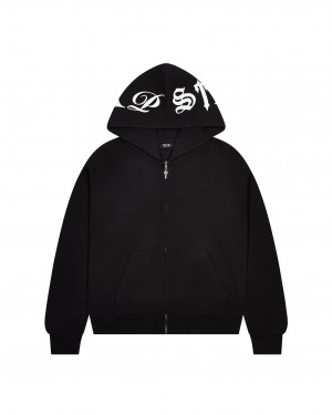 Black Men's Trapstar Script Waffle Hoodies, Trapstar London | 2375QJMNV