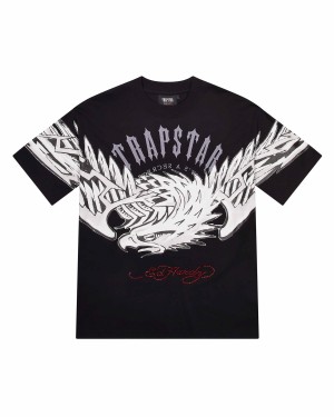 Black Men's Trapstar x Ed Hardy Arched Eagle T-shirts, Trapstar London | 1582HBQLX