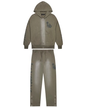 Dark Khaki Men's Trapstar Script Spray Tracksuits, Trapstar London | 2184RVMCB