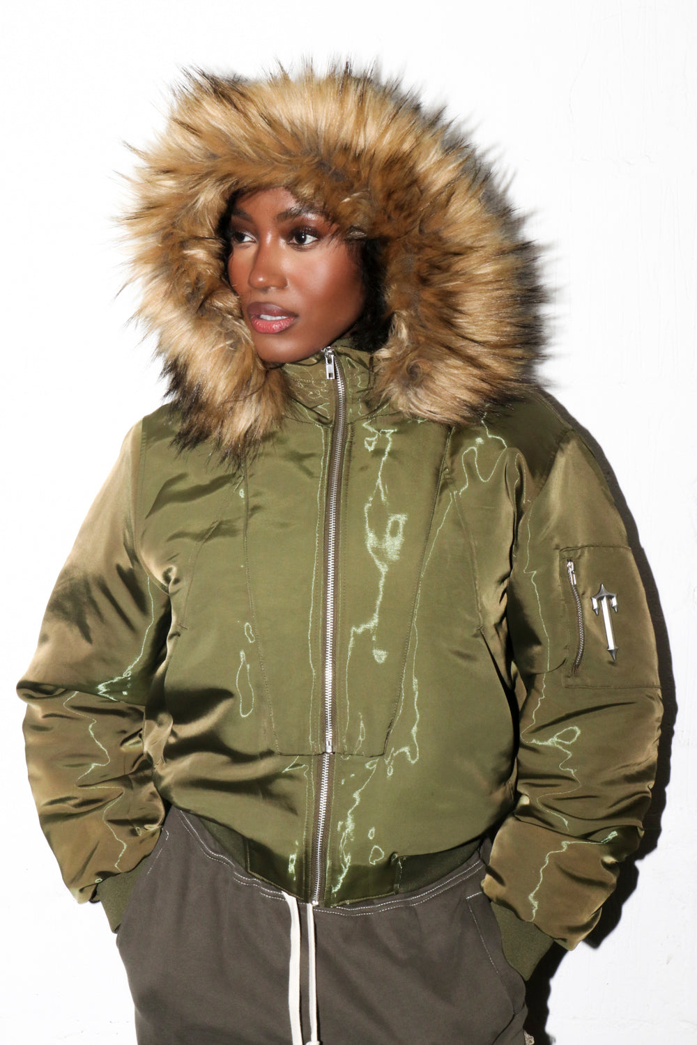 Khaki Women's Trapstar Script Fur Hood Bomber Jackets, Trapstar London | 6540NGAMC