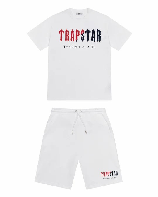 White / Red Men\'s Trapstar Chenille Decoded Short Set, Trapstar London | 3864RITPM